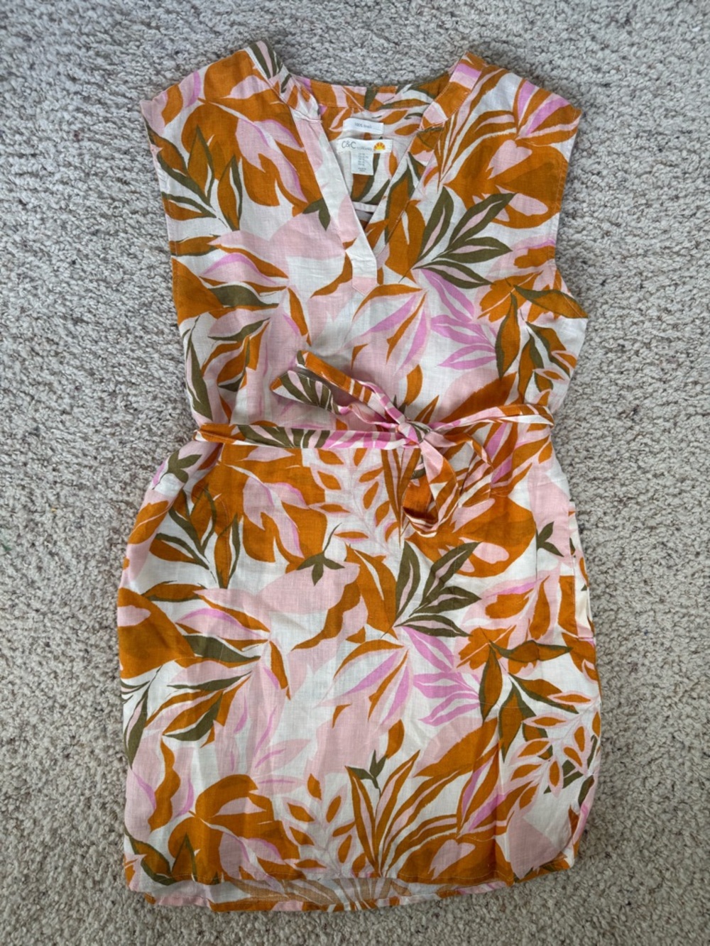 C&C California Linen Dress Womens XL Multicolor Tropical Palm Leaf resort wear - Picture 3 of 10
